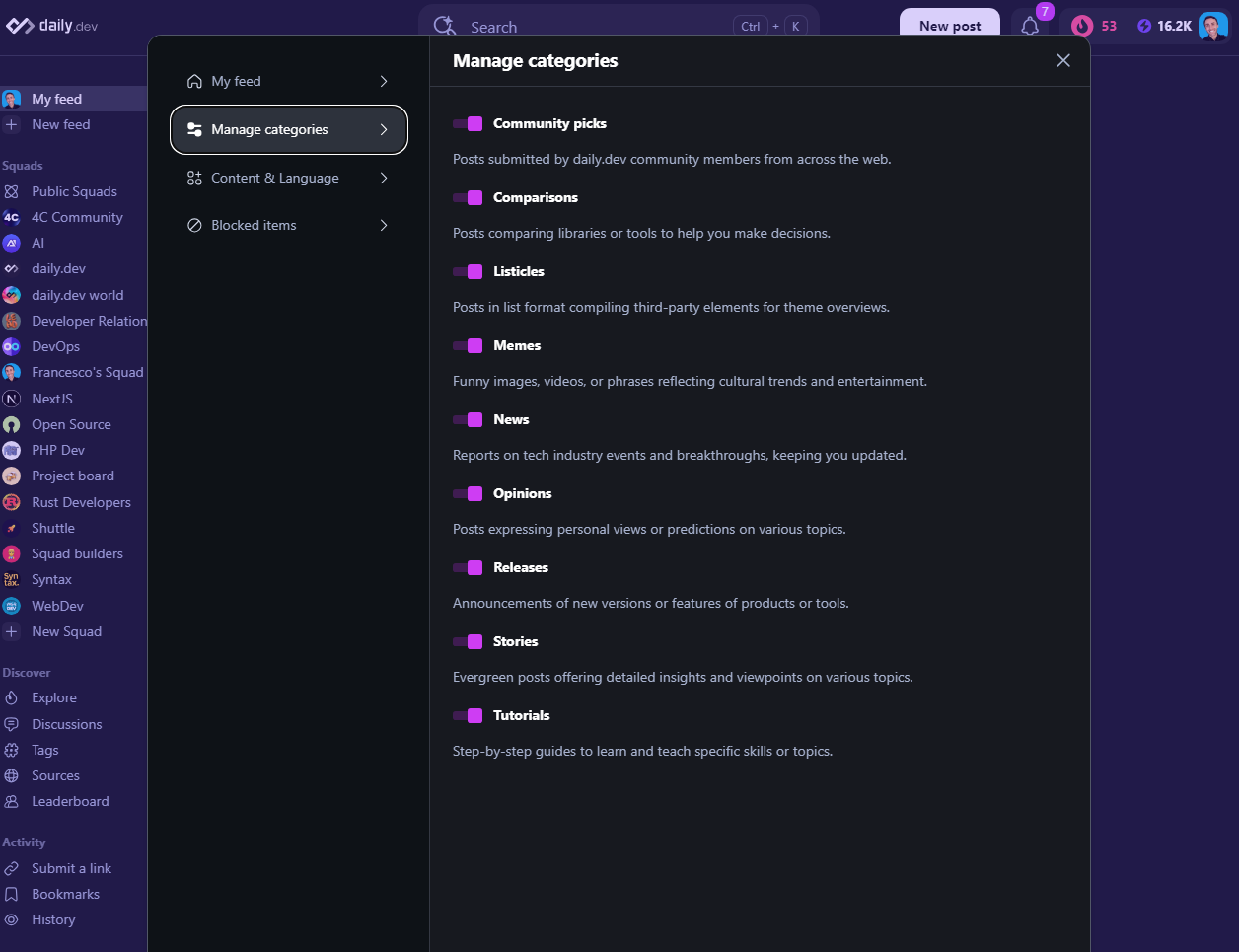 Manage categories option in feed settings menu