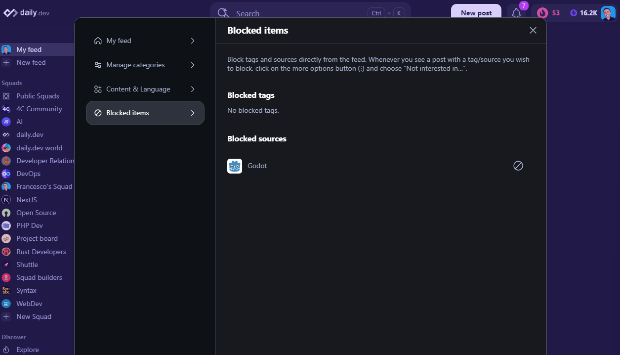 Blocked items section displaying blocked sources and tags